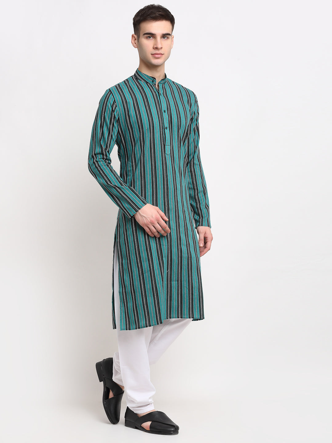 Jompers Men's Green Cotton Striped Kurta Payjama Sets ( JOKP 643Green )