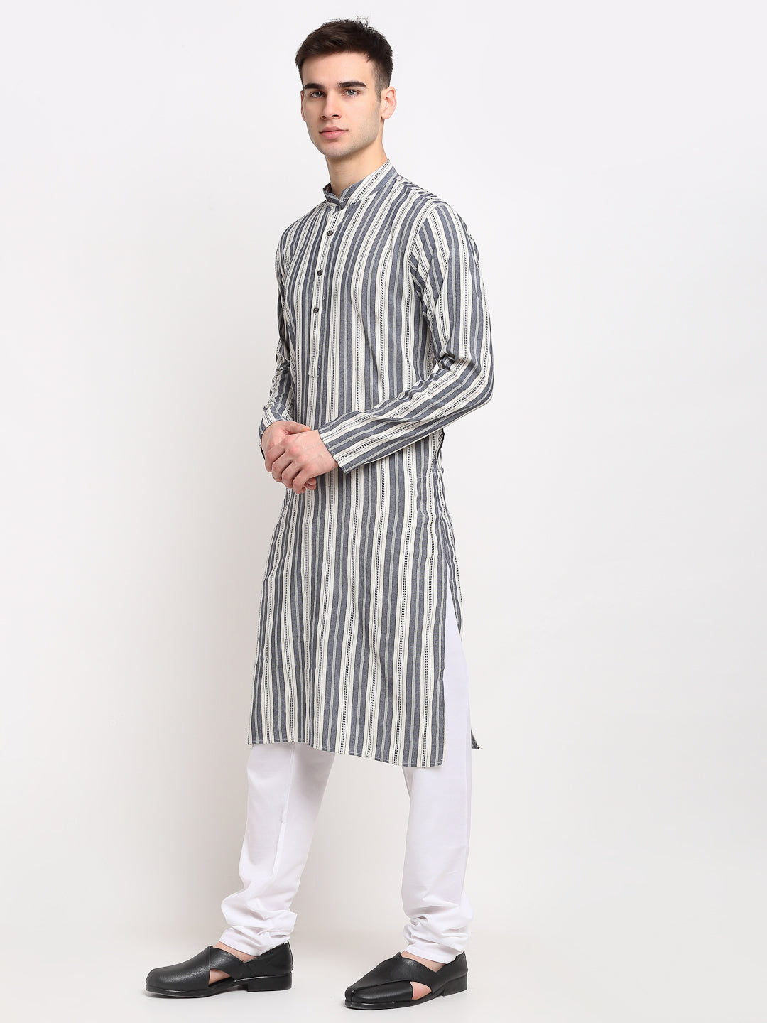 Jompers Men's Grey Cotton Striped Kurta Only ( KO 643Grey )