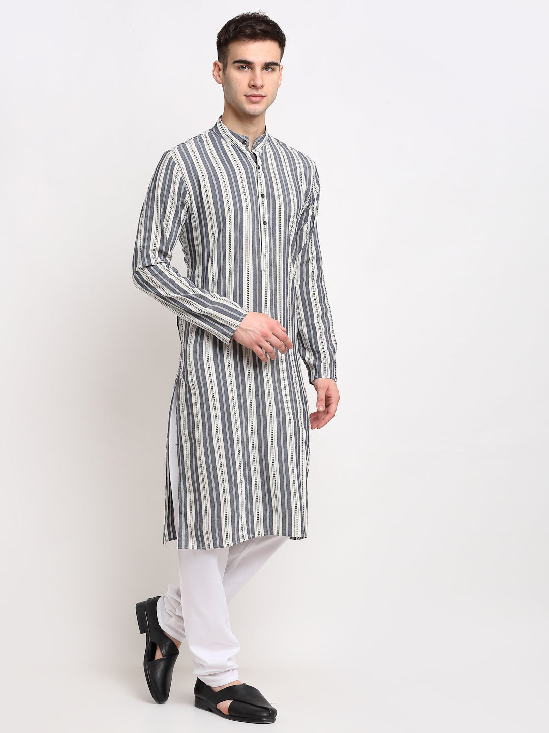 Jompers Men's Grey Cotton Striped Kurta Payjama Sets ( JOKP 643Grey )