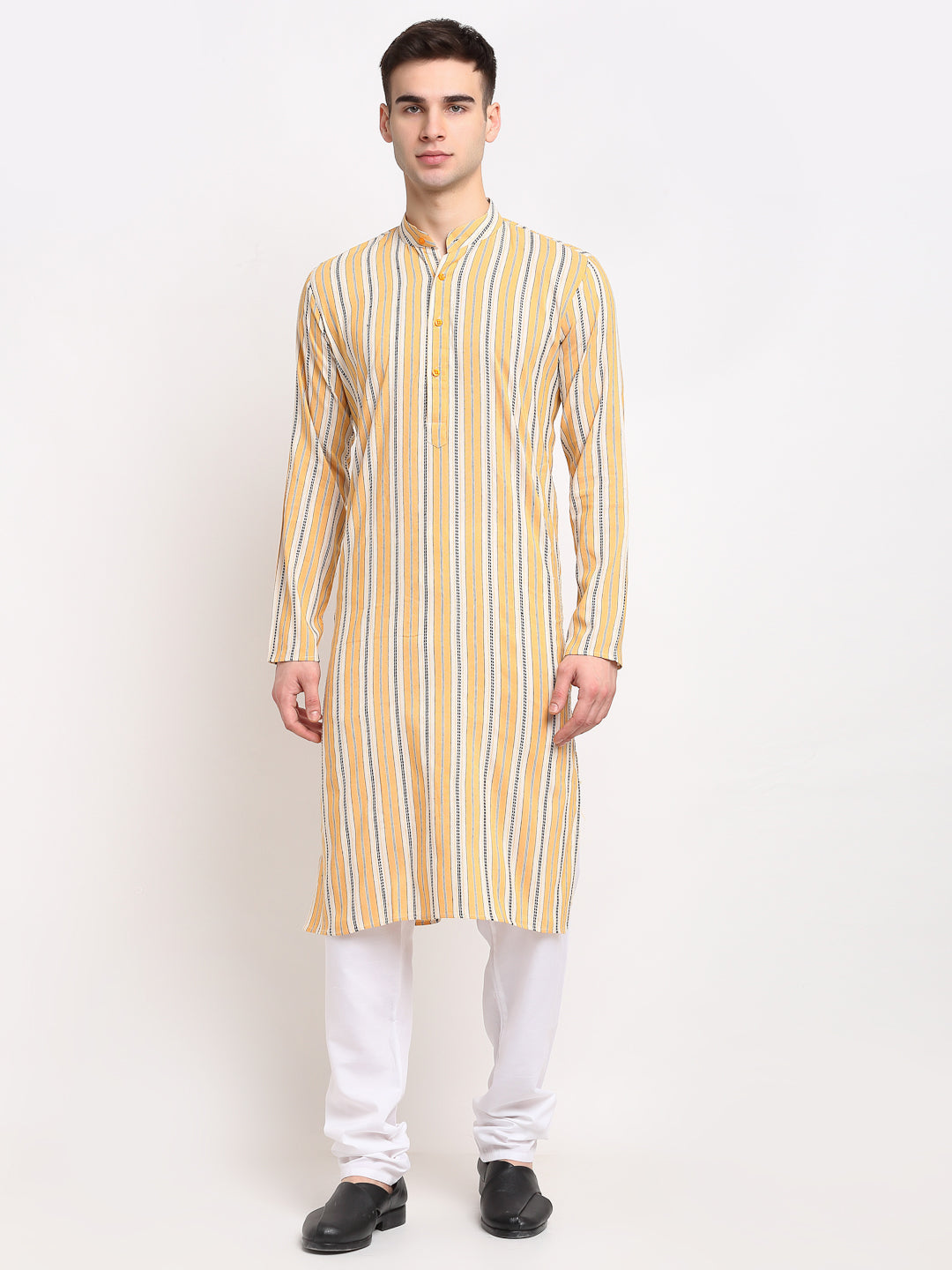 Jompers Men's Yellow Cotton Striped Kurta Payjama Sets ( JOKP 643Yellow )