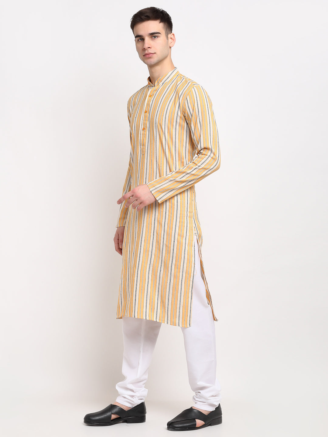 Jompers Men's Yellow Cotton Striped Kurta Payjama Sets ( JOKP 643Yellow )