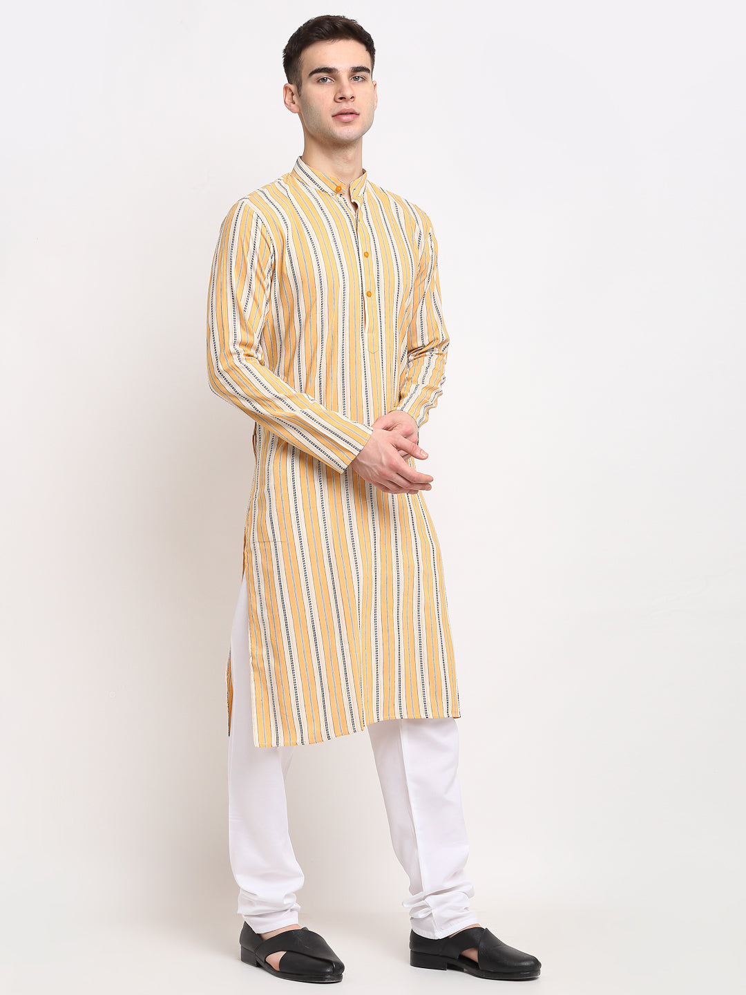 Jompers Men's Yellow Cotton Striped Kurta Payjama Sets ( JOKP 643Yellow )