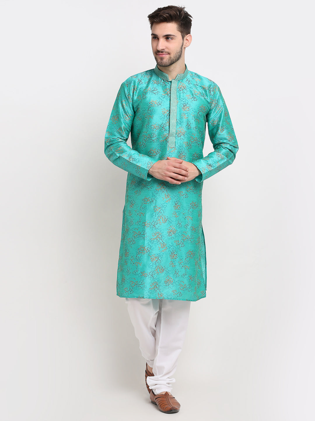 Jompers Men's Green Dupion Printed Kurta Payjama Sets ( JOKP 644Green )