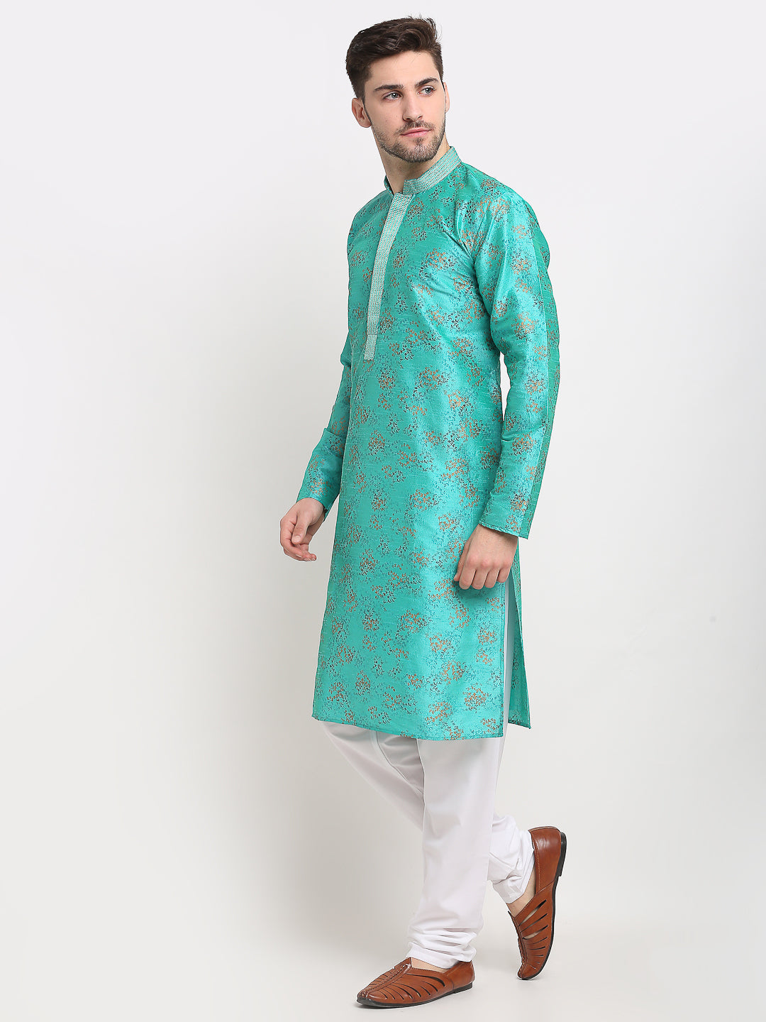 Jompers Men's Green Dupion Printed Kurta Payjama Sets ( JOKP 644Green )