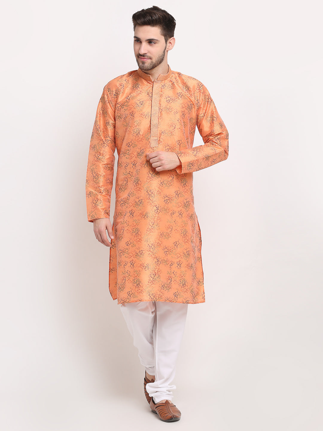 Jompers Men's Orange Dupion Printed Kurta Payjama Sets ( JOKP 644Orange )