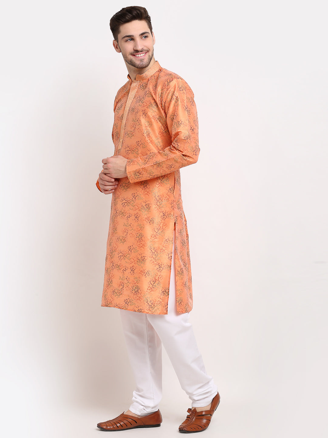 Jompers Men's Orange Dupion Printed Kurta Payjama Sets ( JOKP 644Orange )