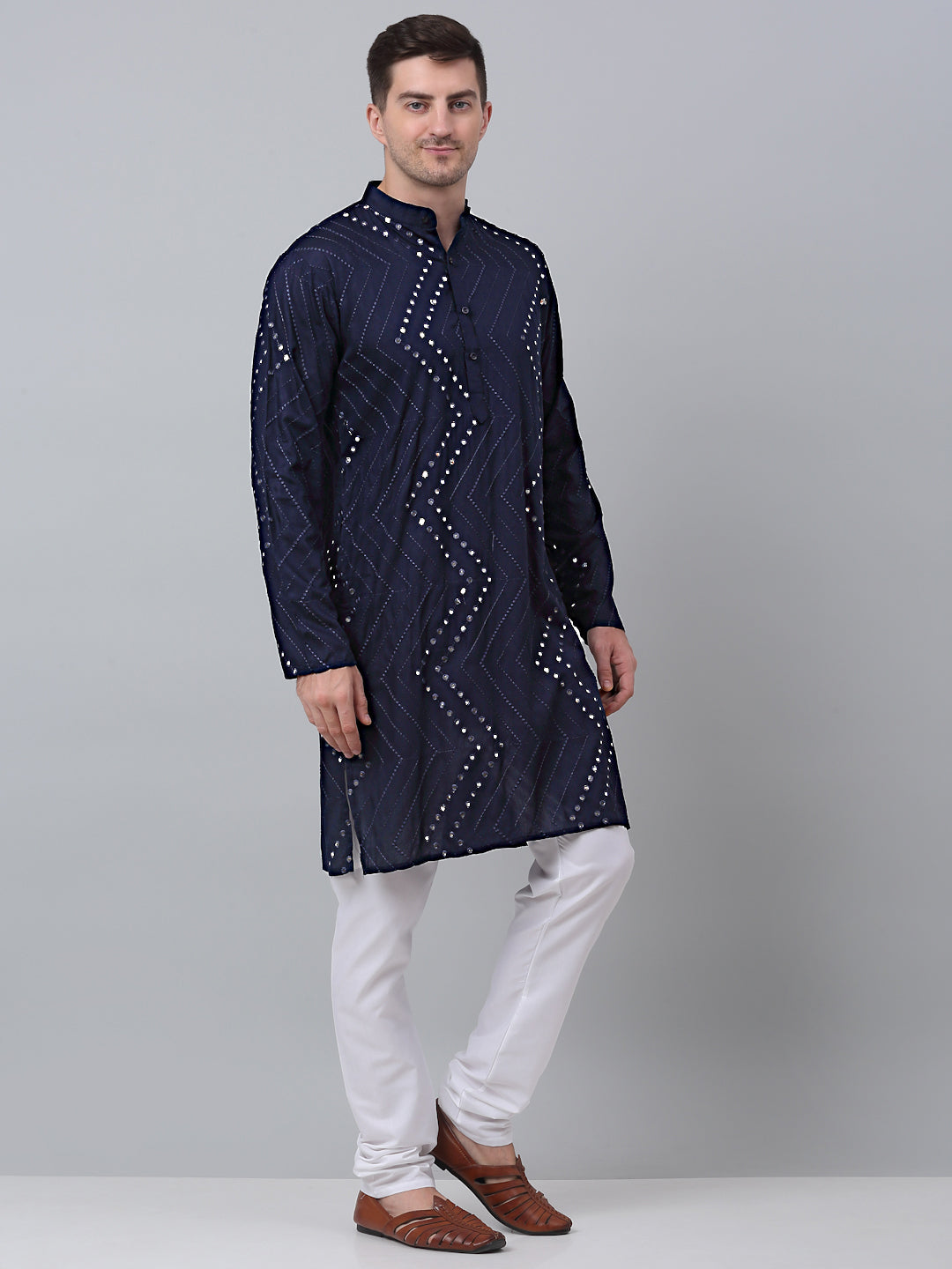 Jompers Men's Navy Embroidered Mirror Work Kurta Pyjama ( JOKP 646Navy )