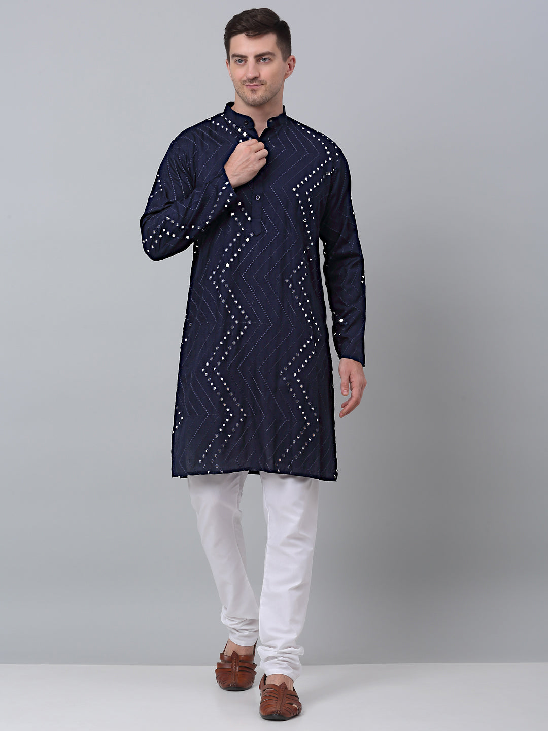 Jompers Men's Navy Embroidered Mirror Work Kurta Pyjama ( JOKP 646Navy )