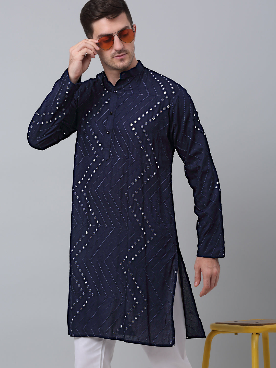 Jompers Men's Navy Embroidered Mirror Work Kurta Pyjama ( JOKP 646Navy )