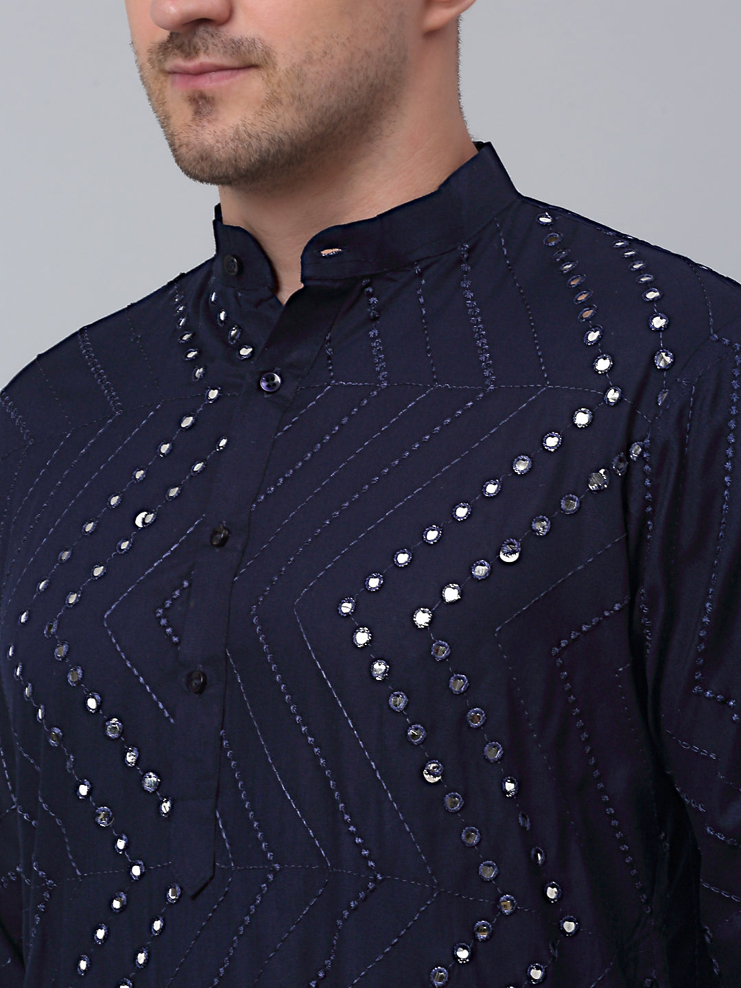 Jompers Men's Navy Embroidered Mirror Work Kurta Pyjama ( JOKP 646Navy )