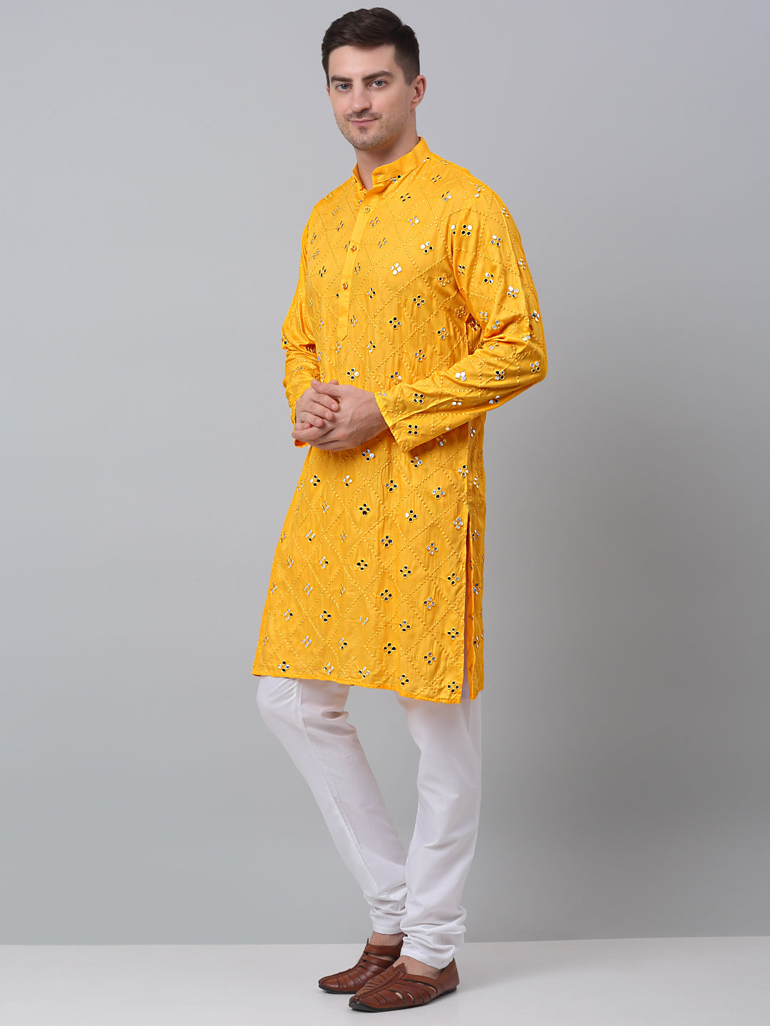 Jompers Men's Yellow Embroidered Mirror Work Kurta Pyjama ( JOKP 646Yellow )