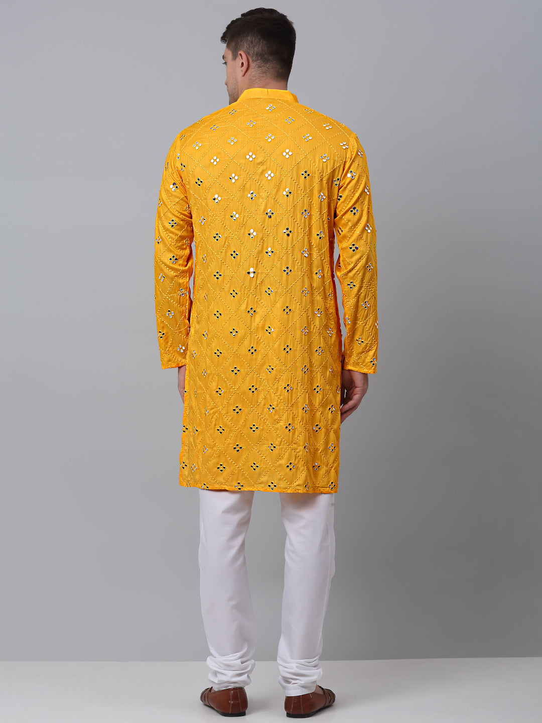 Jompers Men's Yellow Embroidered Mirror Work Kurta Pyjama ( JOKP 646Yellow )