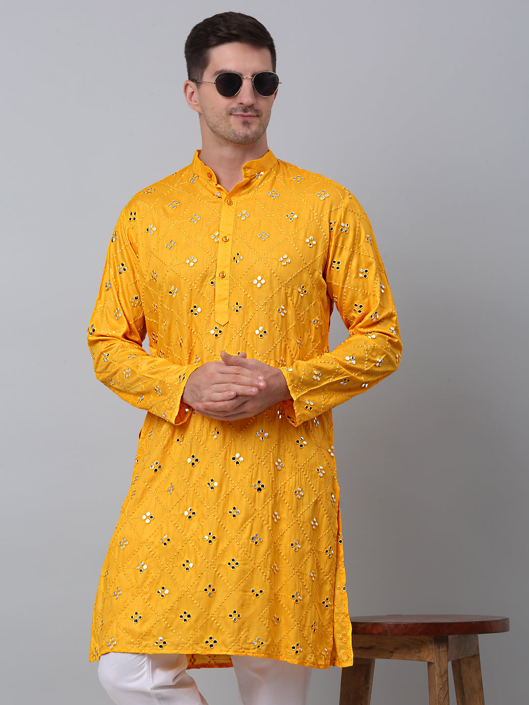 Jompers Men's Yellow Embroidered Mirror Work Kurta Pyjama ( JOKP 646Yellow )