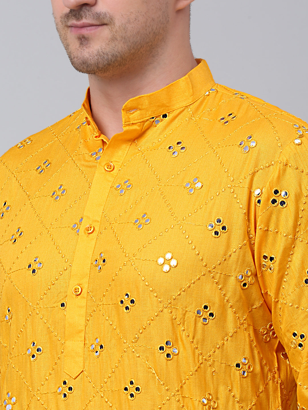 Jompers Men's Yellow Embroidered Mirror Work Kurta Pyjama ( JOKP 646Yellow )