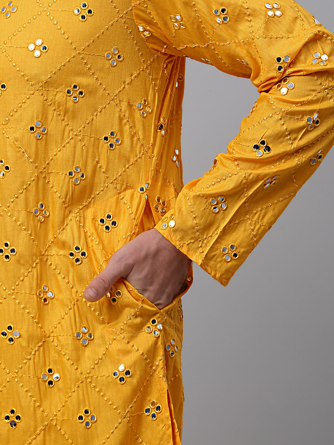 Jompers Men's Yellow Embroidered Mirror Work Kurta Pyjama ( JOKP 646Yellow )
