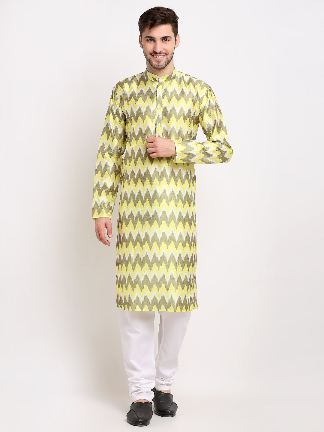 Jompers Men's Multi-Olive Dupion Ikkat Kurta Payjama Sets ( JOKP 647Multi-Olive )