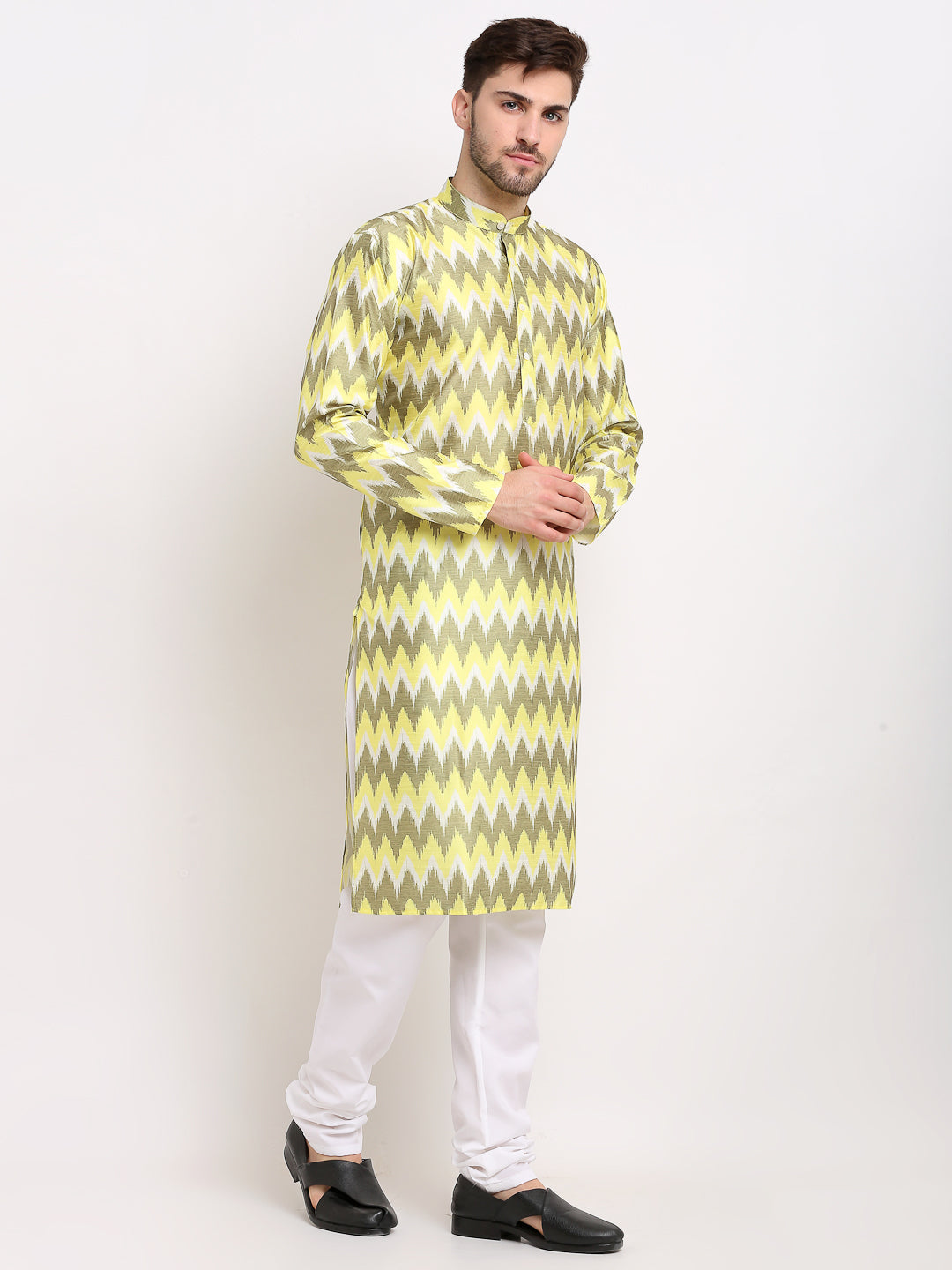 Jompers Men's Multi-Olive Dupion Ikkat Kurta Only ( KO 647Multi-Olive )