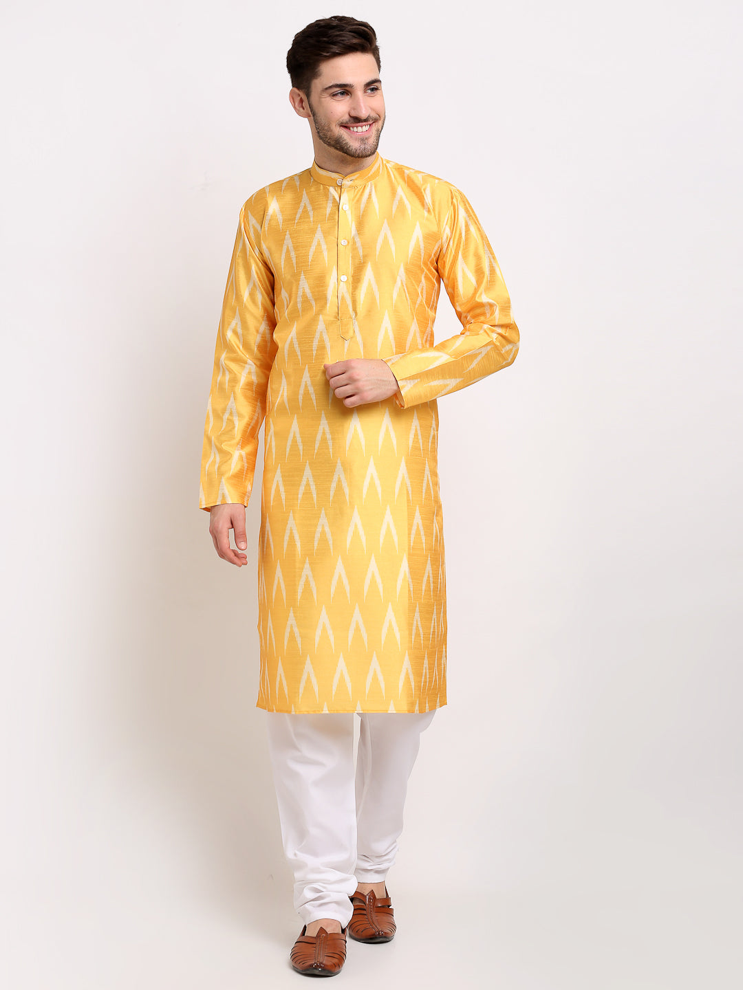 Jompers Men's Mustard Dupion Ikkat Kurta Payjama Sets ( JOKP 647Mustard )