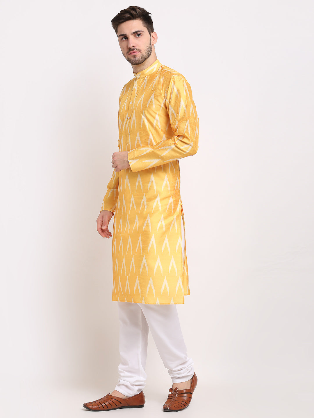 Jompers Men's Mustard Dupion Ikkat Kurta Payjama Sets ( JOKP 647Mustard )