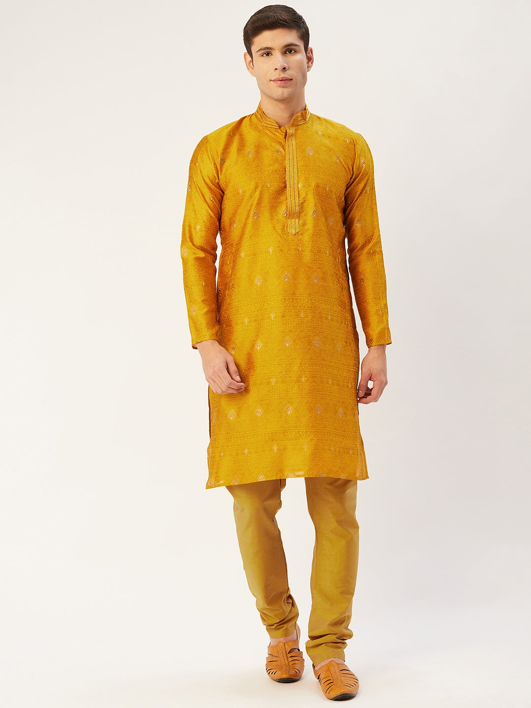 Jompers Men's Mustard Coller Embroidered Woven Design Kurta Only ( KO 649Mustard )