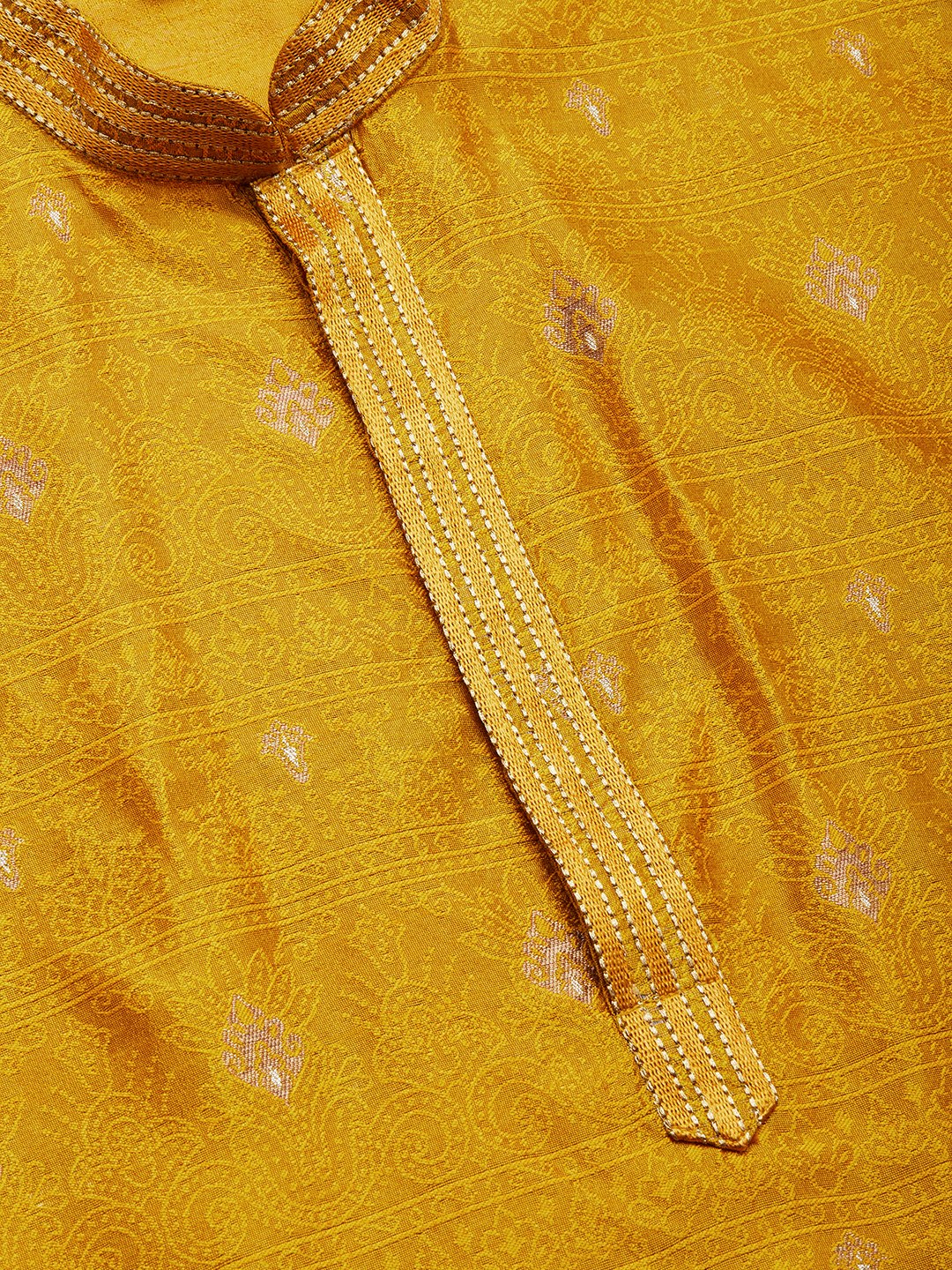 Jompers Men's Mustard Coller Embroidered Woven Design Kurta Only ( KO 649Mustard )