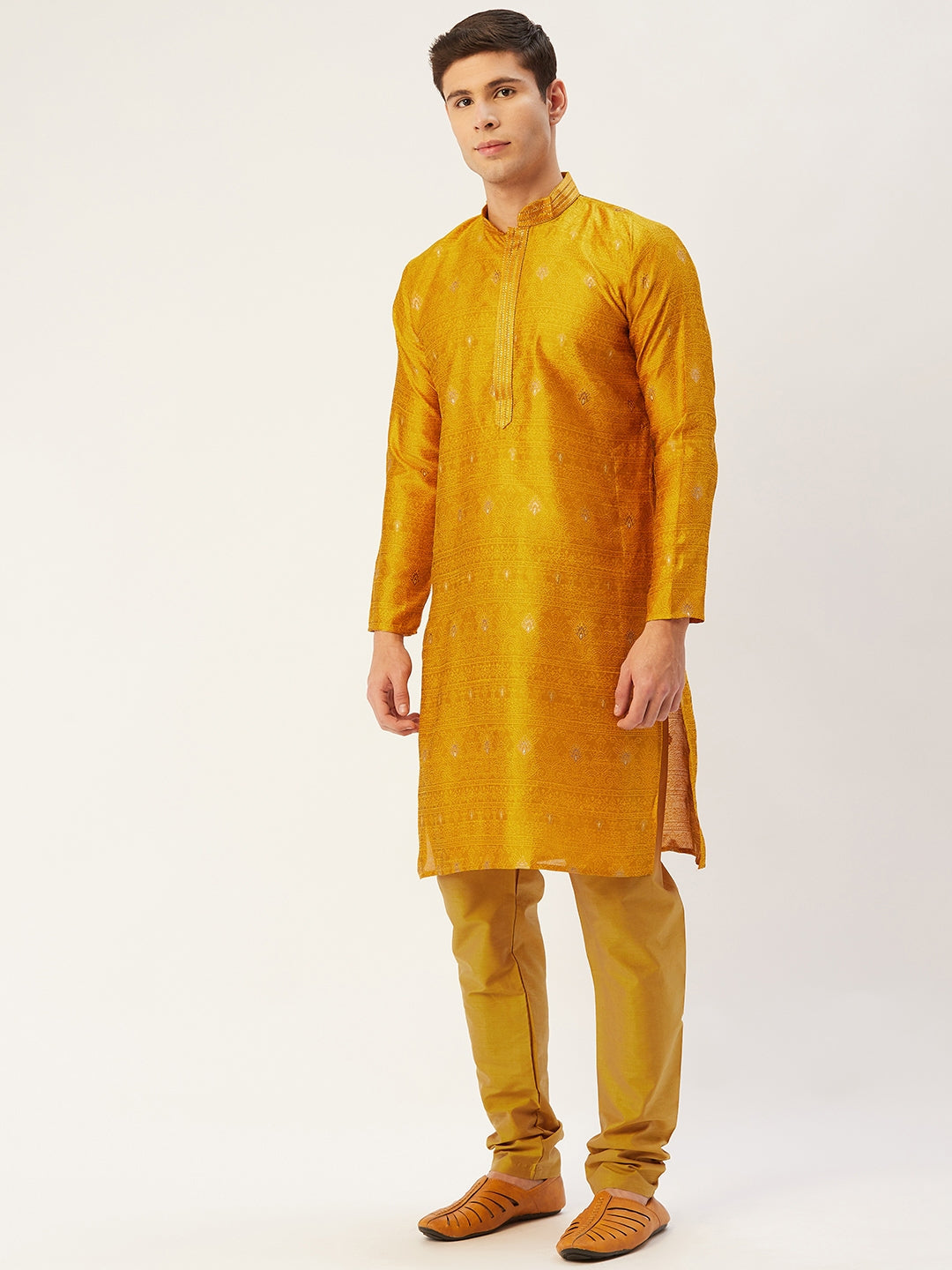 Jompers Men's Mustard Coller Embroidered Woven Design Kurta Only ( KO 649Mustard )