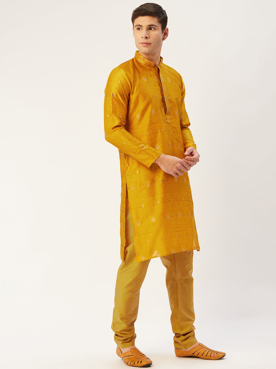Jompers Men's Mustard Coller Embroidered Woven Design Kurta Only ( KO 649Mustard )