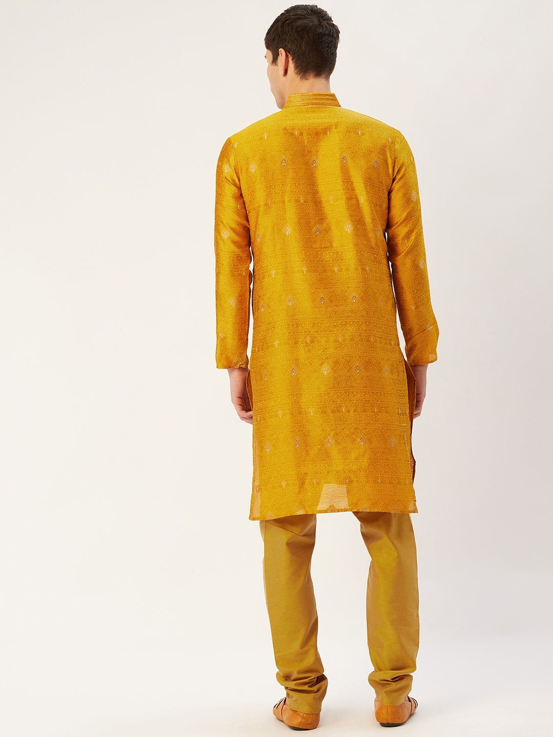 Jompers Men's Mustard Coller Embroidered Woven Design Kurta Only ( KO 649Mustard )