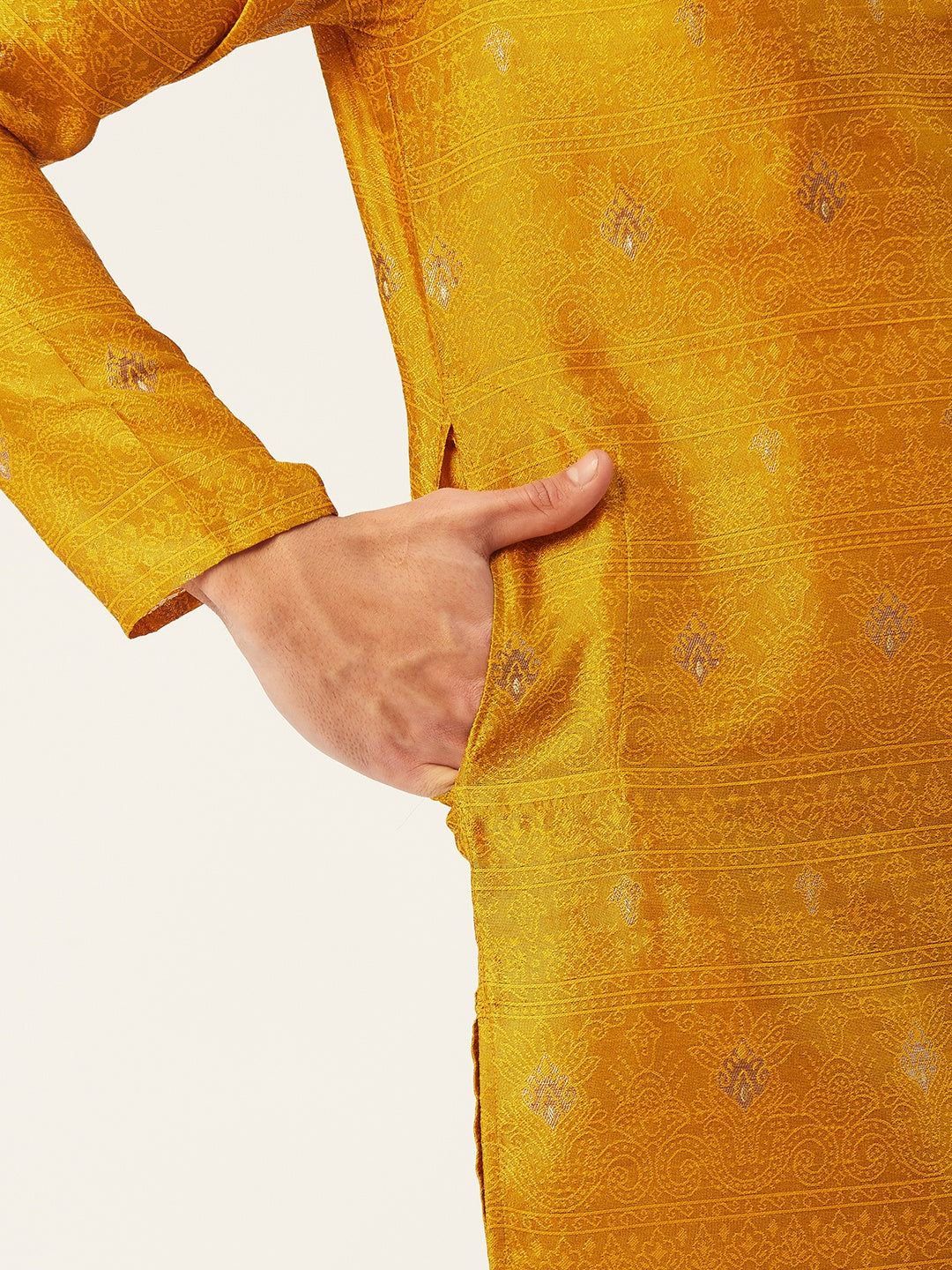 Jompers Men's Mustard Coller Embroidered Woven Design Kurta Only ( KO 649Mustard )