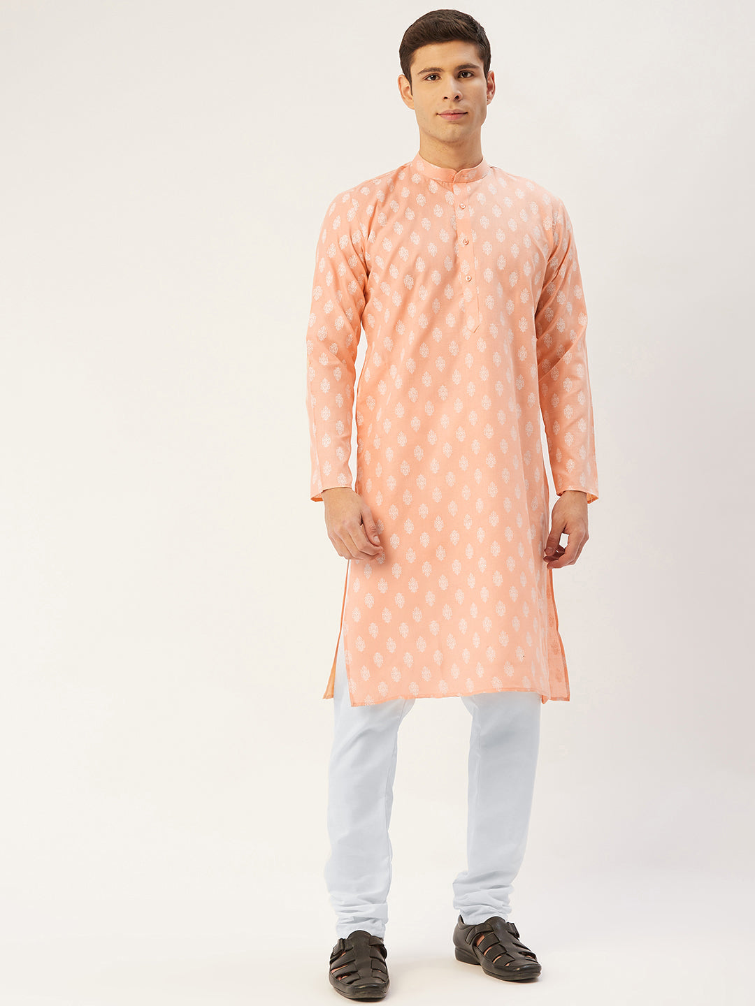 Jompers Men's Peach Cotton Floral printed kurta Only ( KO 650Peach )