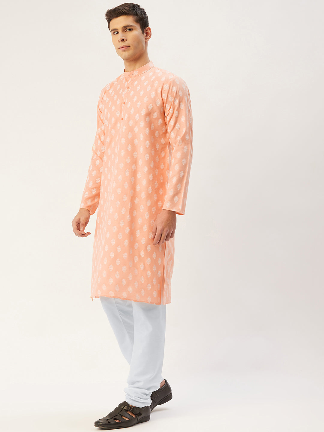 Jompers Men's Peach Cotton Floral printed kurta Pyjama Set ( JOKP 650Peach )