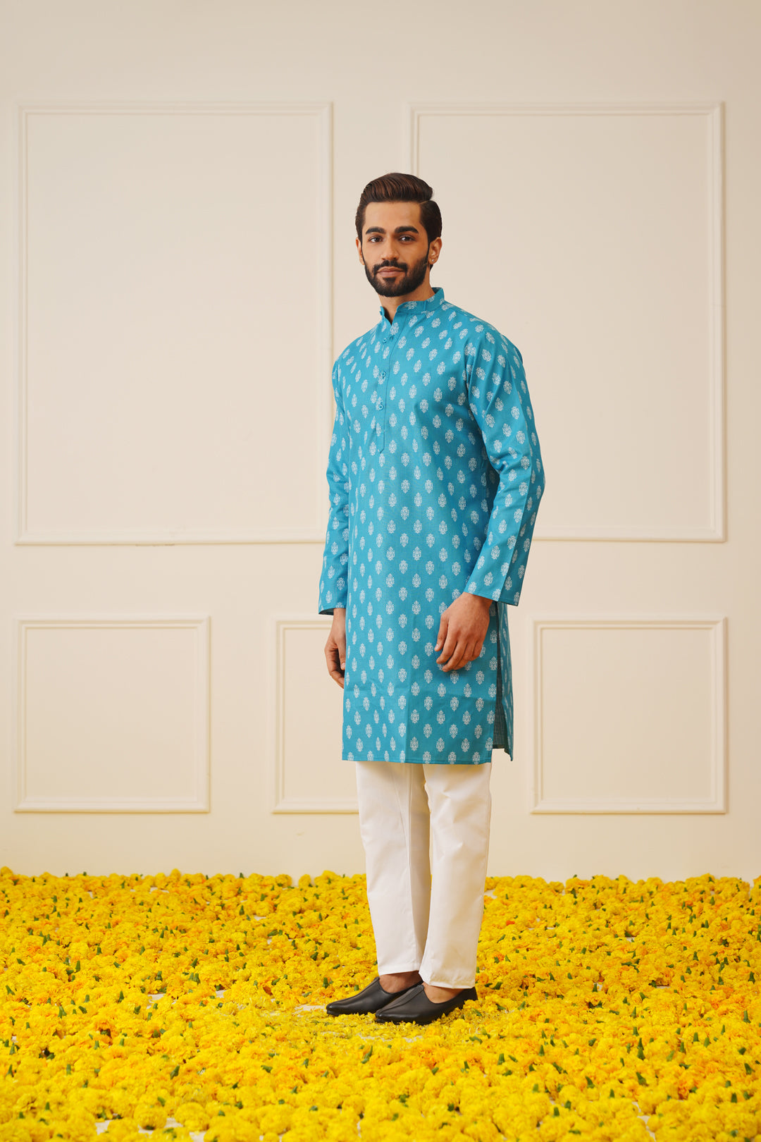 Jompers Men's Teal Cotton Floral printed kurta Only ( KO 650Teal )
