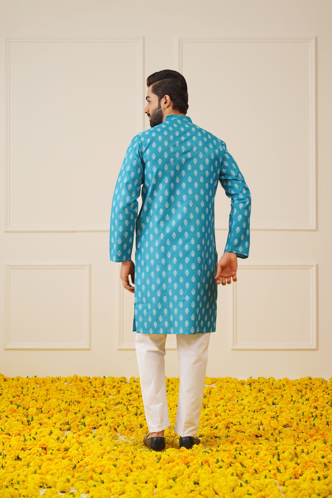 Jompers Men's Teal Cotton Floral printed kurta Only ( KO 650Teal )