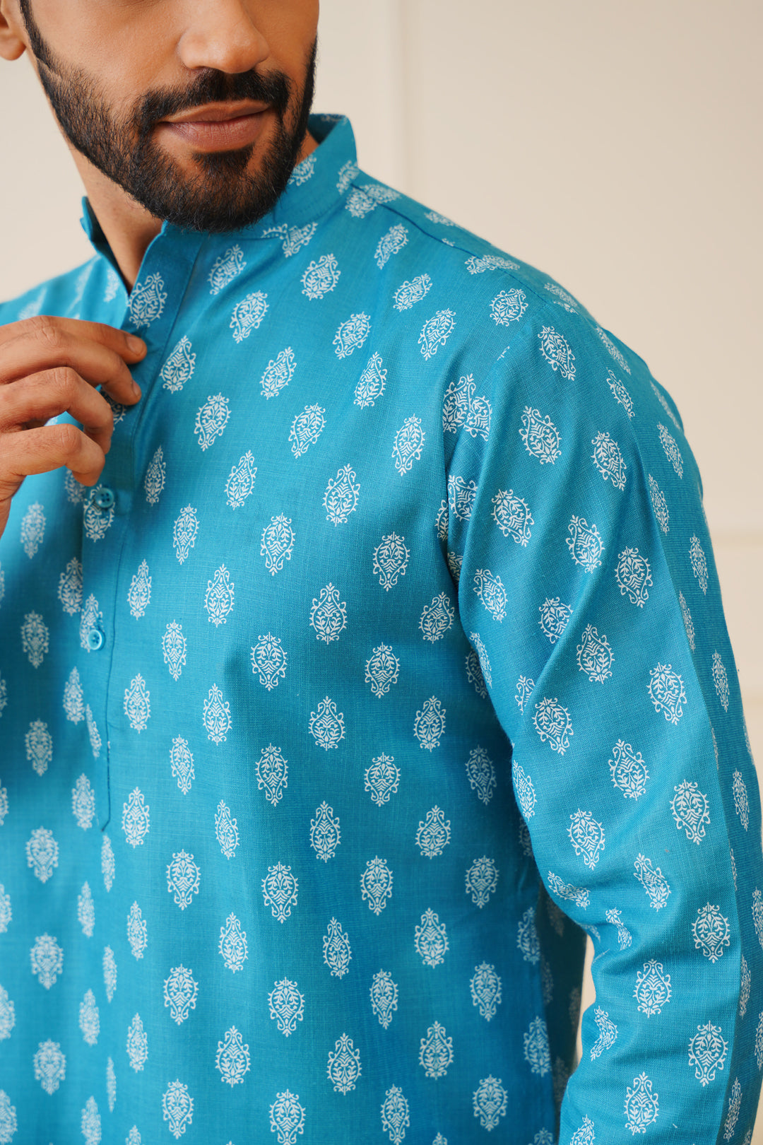 Jompers Men's Teal Cotton Floral printed kurta Only ( KO 650Teal )