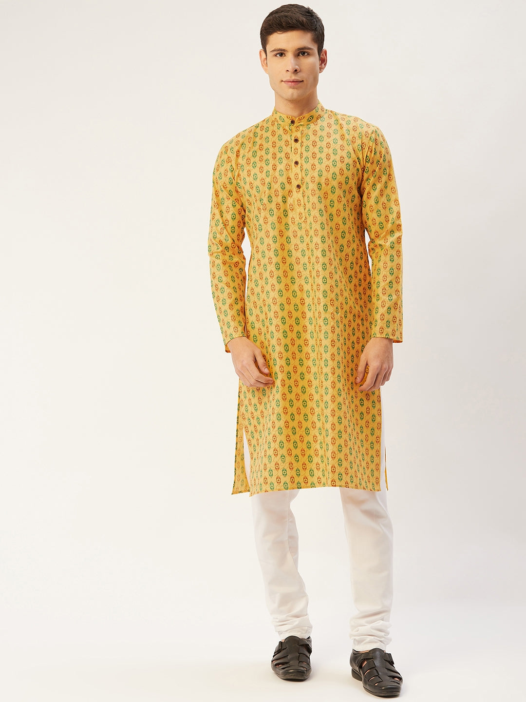 Jompers Men's Mustard Cotton Ikat printed kurta Only ( KO 651Mustard )