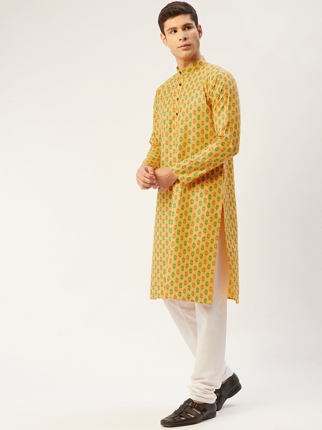 Jompers Men's Mustard Cotton Ikat printed kurta Only ( KO 651Mustard )