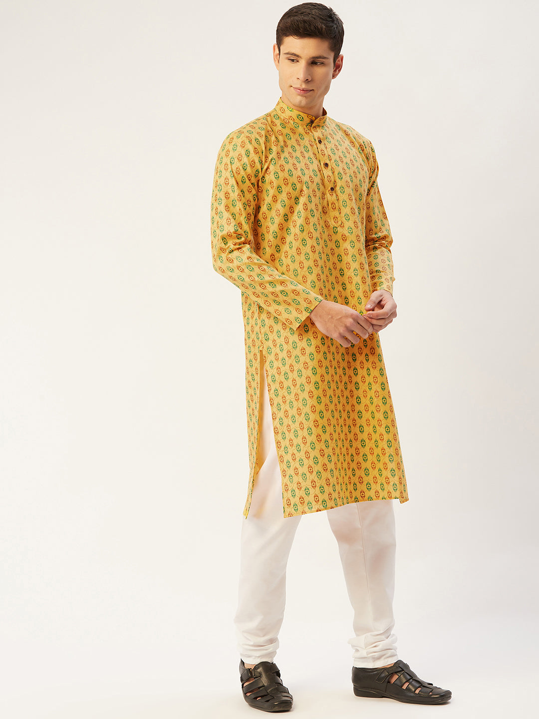 Jompers Men's Mustard Cotton Ikat printed kurta Only ( KO 651Mustard )