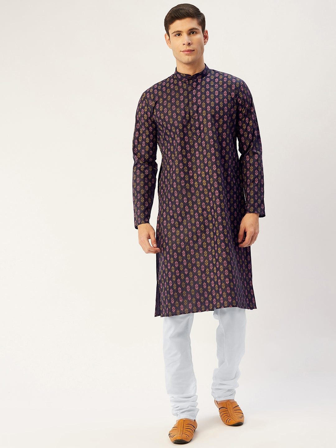 Jompers Men's Navy Cotton Ikat printed kurta Pyjama Set ( JOKP 651Navy )