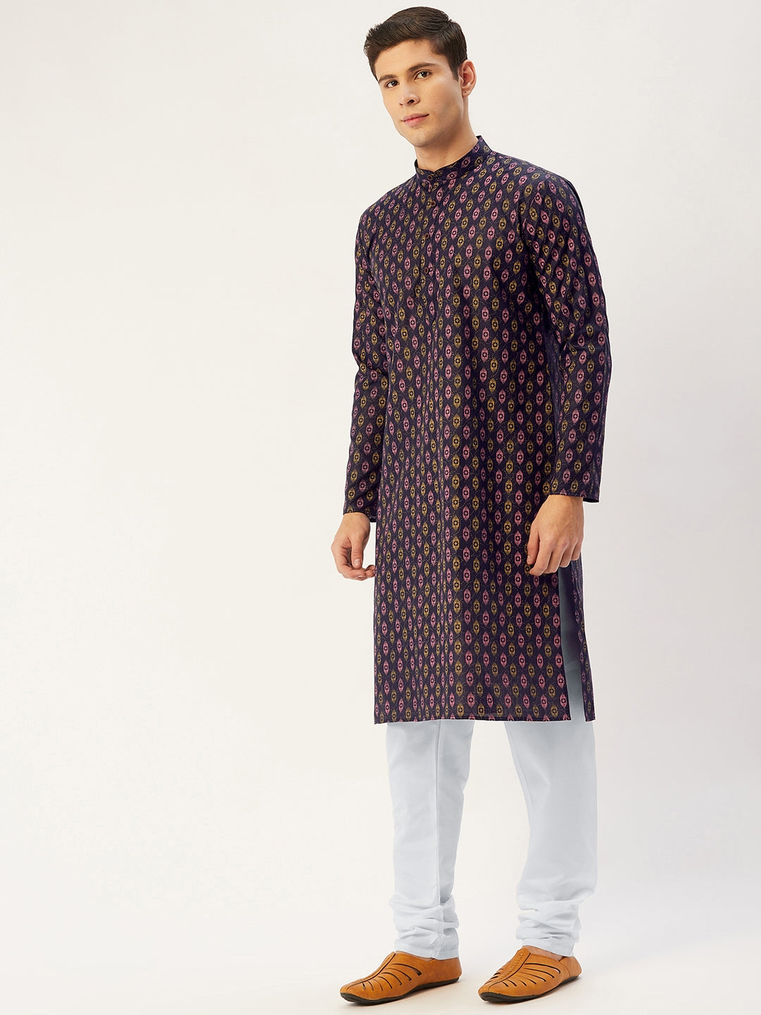 Jompers Men's Navy Cotton Ikat printed kurta Pyjama Set ( JOKP 651Navy )