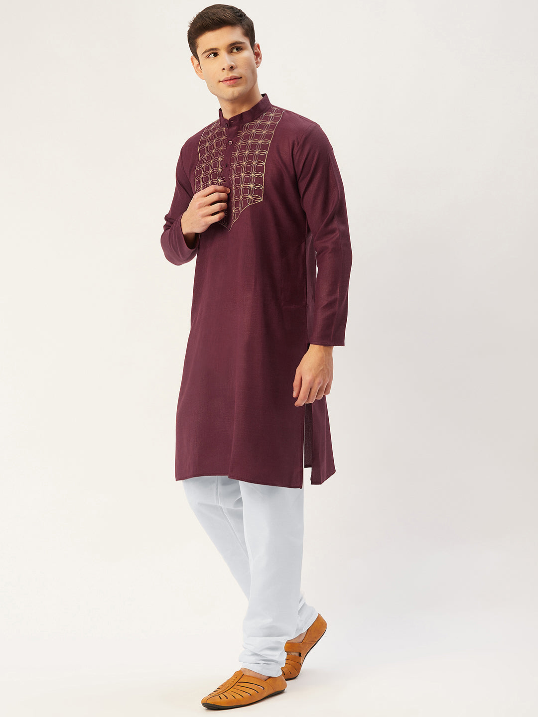 Jompers Men's Maroon Cotton Embroidered Kurta Pyjama ( JOKP 654Maroon )