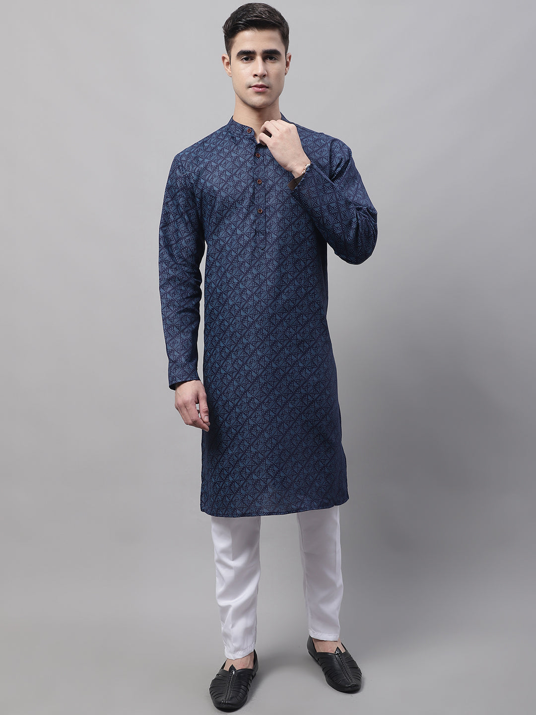 Men's Navy Blue Printed Pure Cotton Kurta Payjama Set