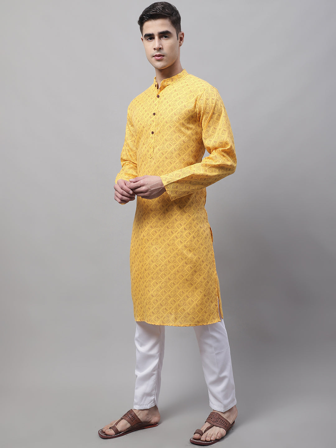Men's Yellow Printed Pure Cotton Kurta Payjama Set