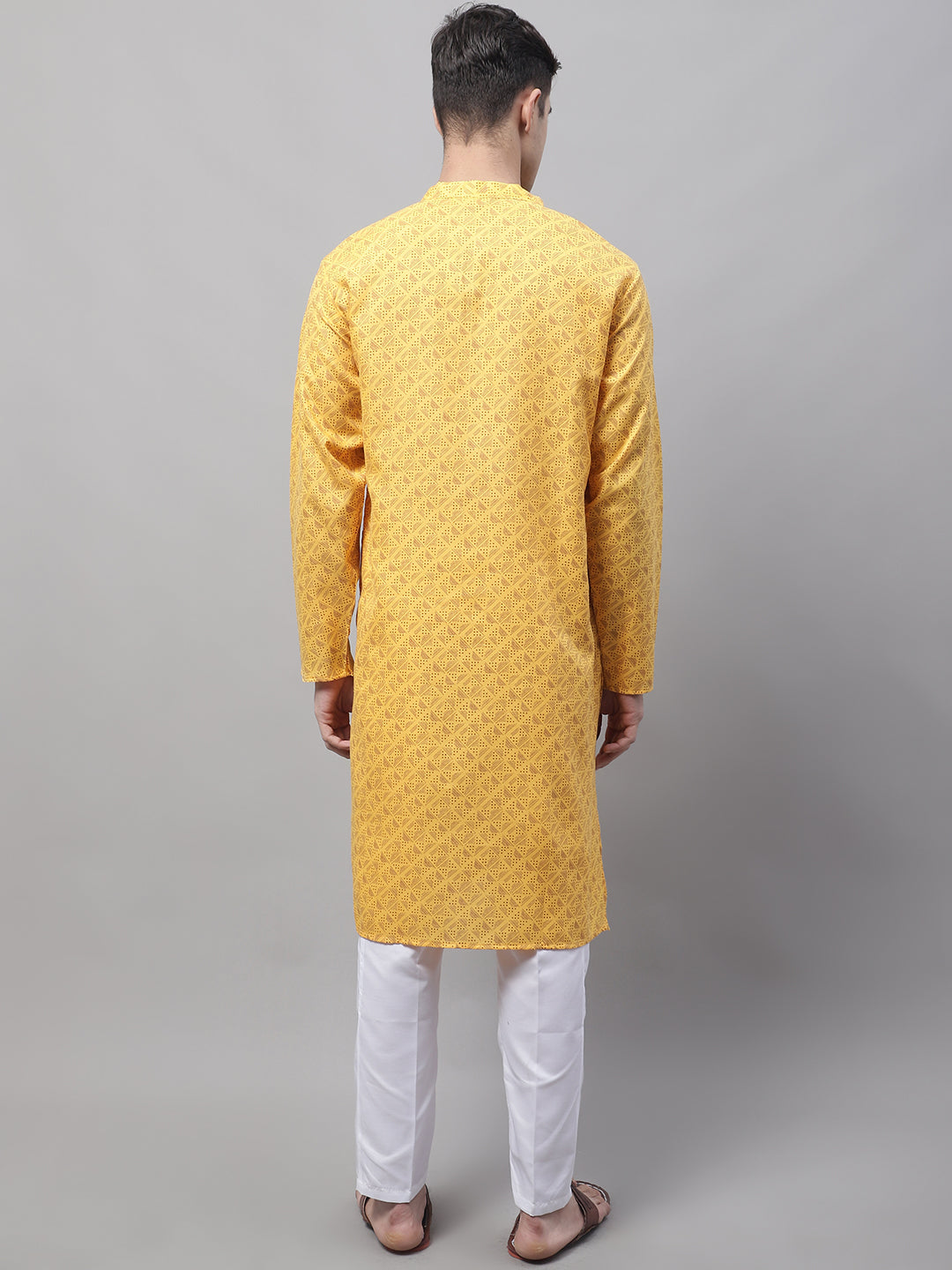 Men's Yellow Printed Pure Cotton Kurta Payjama Set