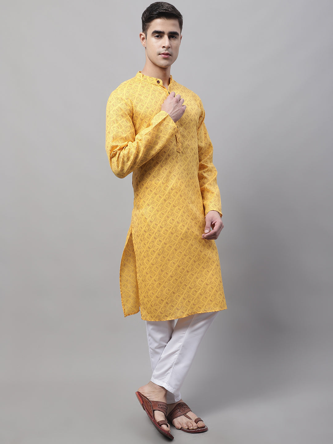 Men's Yellow Printed Pure Cotton Kurta Payjama Set
