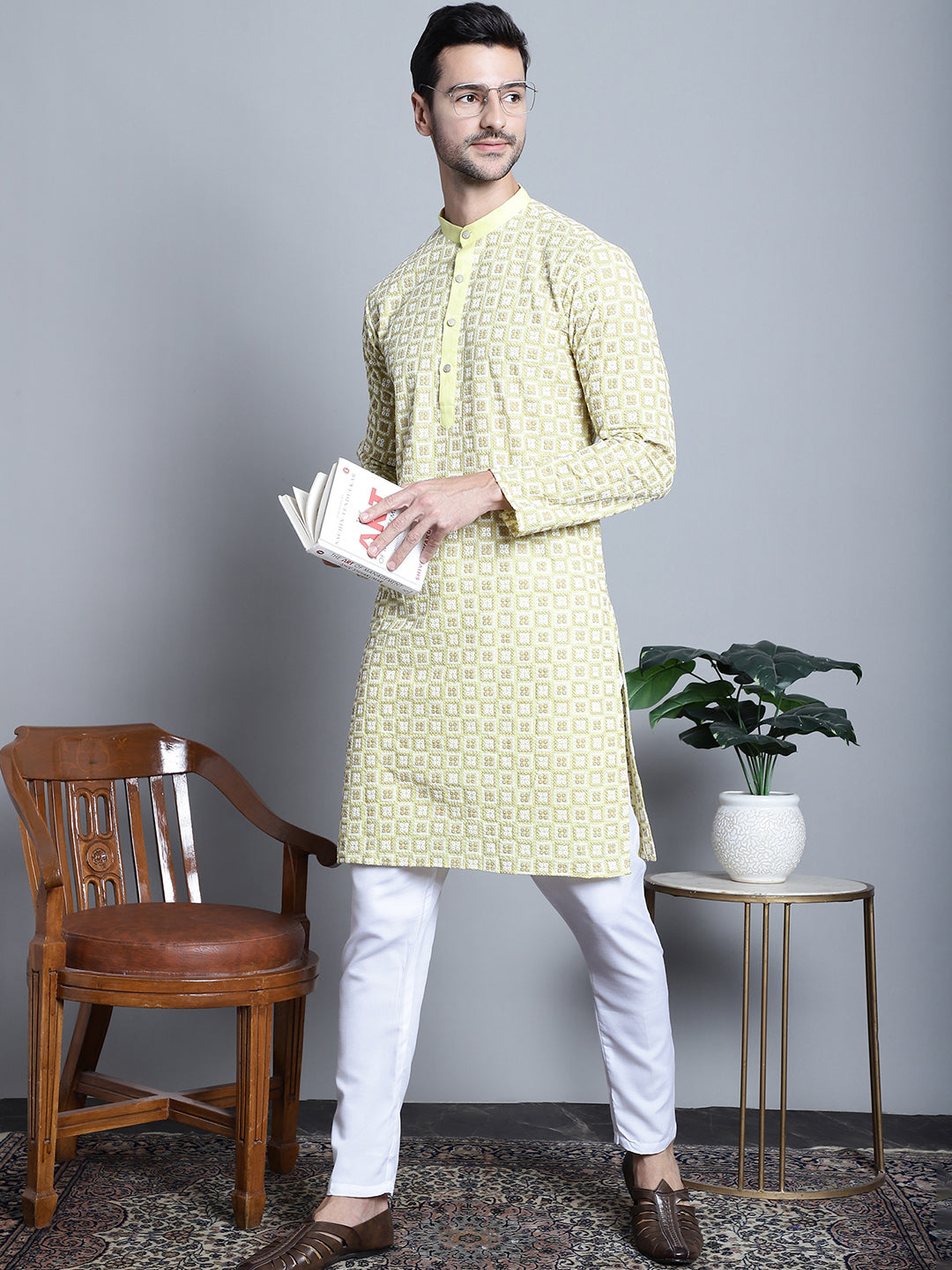 Yellow Floral Threaded Men's Kurta Top