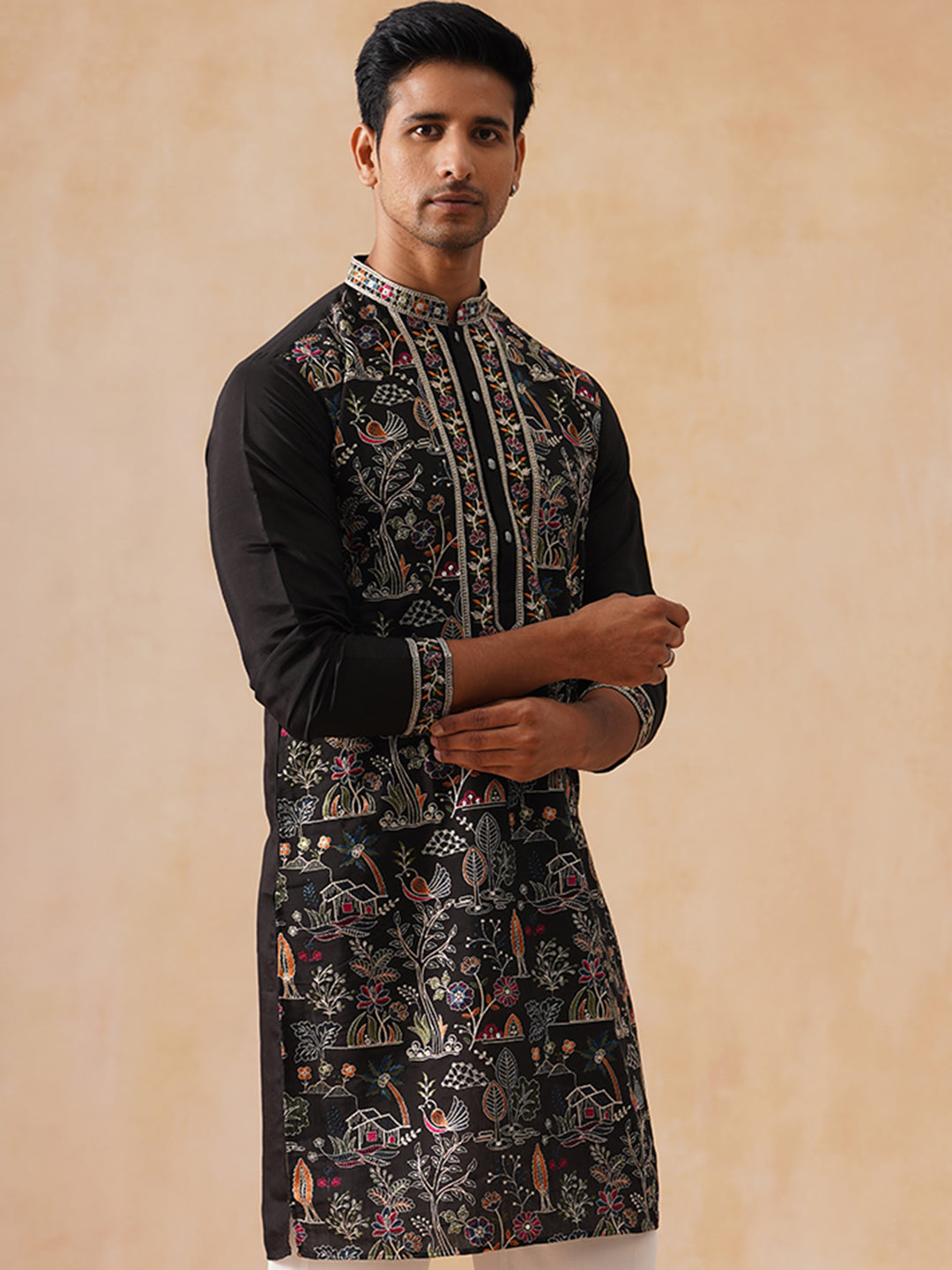 Silk Blend Kurta with Multicolor Embroidery ( KO 5283 Black )