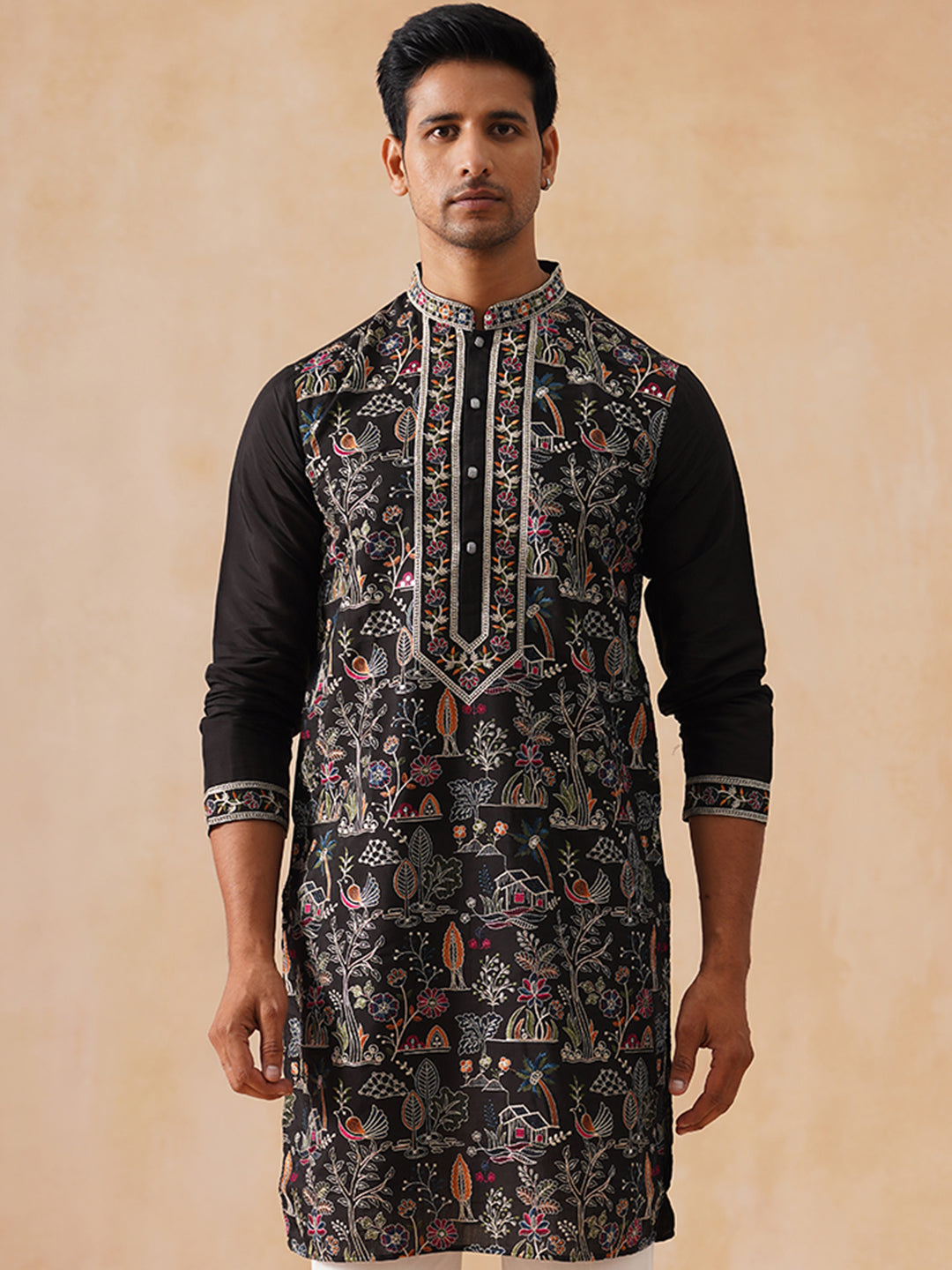 Silk Blend Kurta with Multicolor Embroidery ( KO 5283 Black )