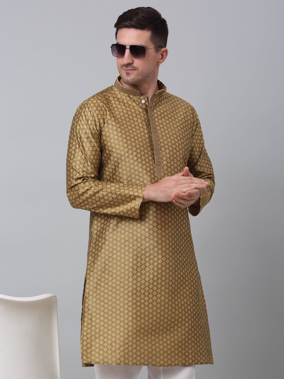 Men's Mustard Collar Embroidered Kurta with Pyjama.