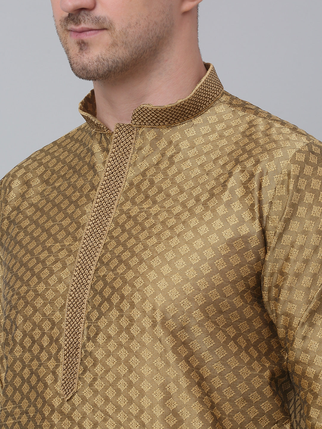 Men's Mustard Collar Embroidered Kurta with Pyjama.