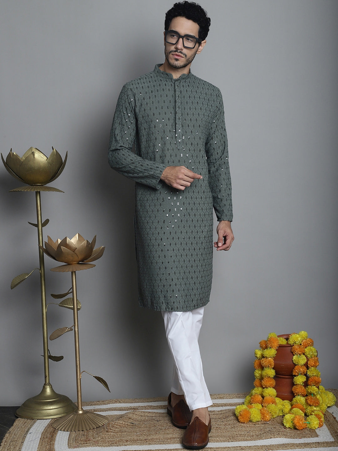 Men's Chikankari Embroidered and Sequence Kurta with Pyjama